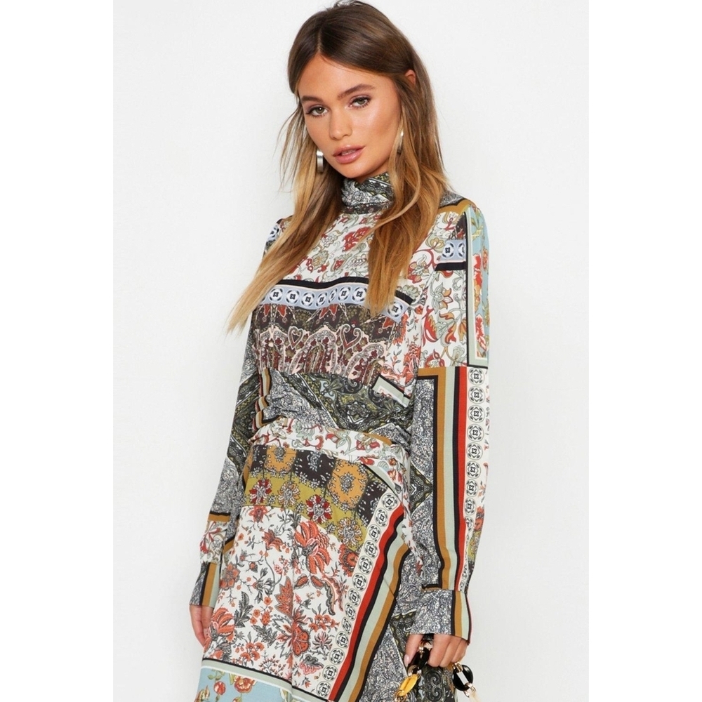 Boohoo Ruched Neck & Waist A-Line Multicolor Patterned Long Sleeve Dress